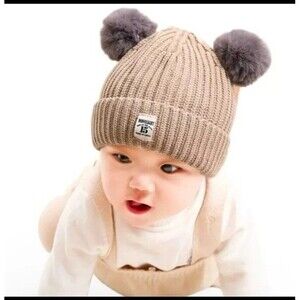 Babys Cute Warm Winter Double PomPom Hat Fur Knit Beanie Gift Boys Girls Toddler